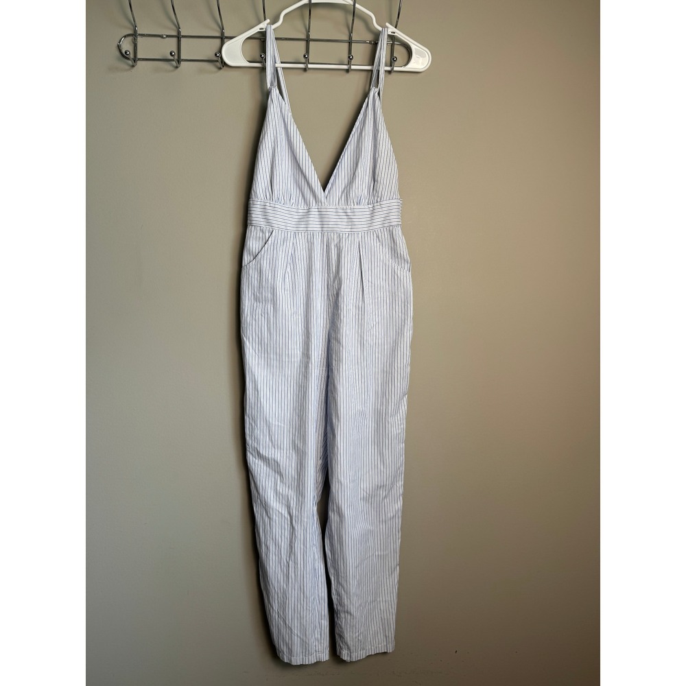 Women's Blue Striped V-Neck‎ Sleeveless Jumpsuit S Coastal Nautical Lightweight